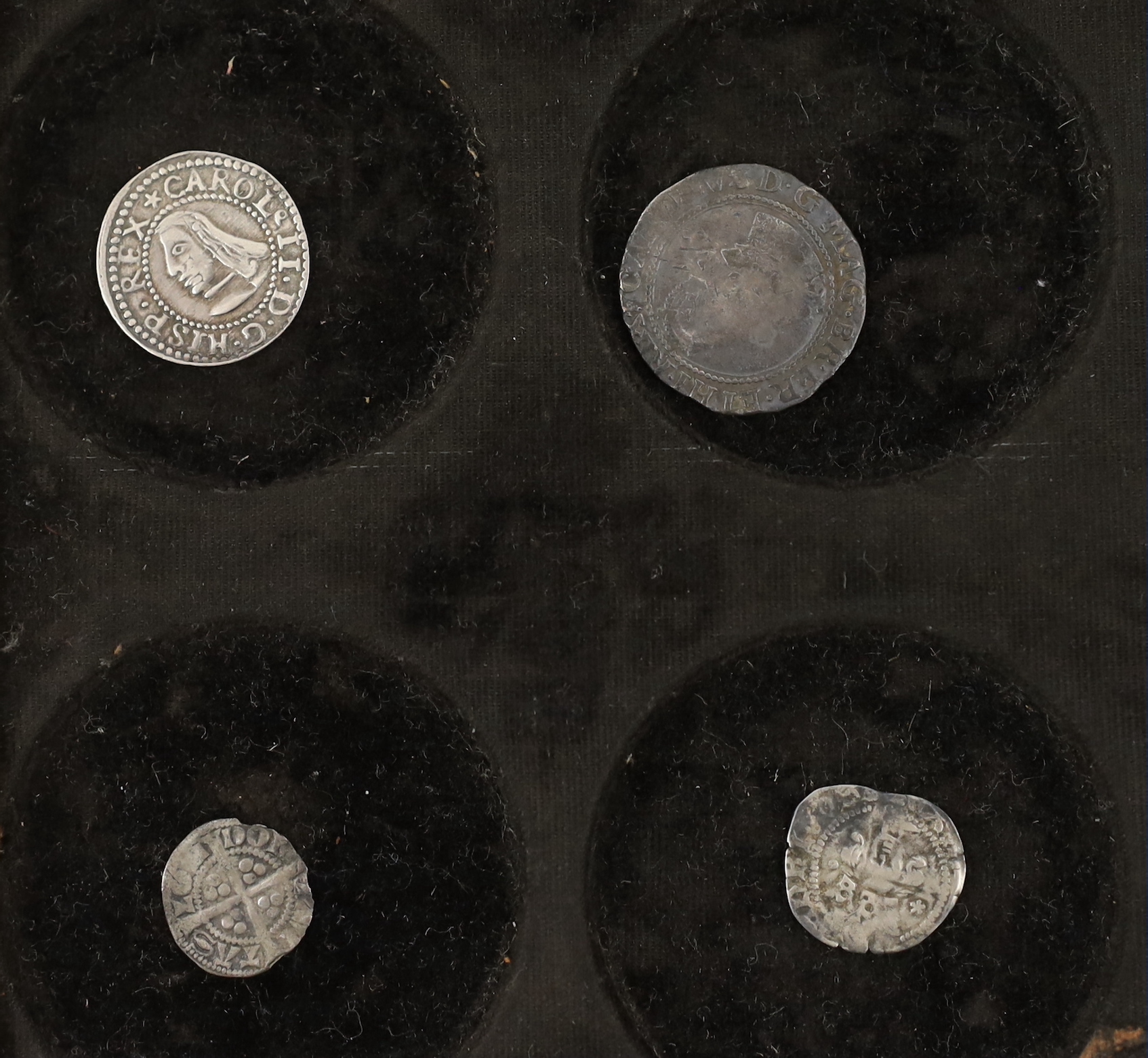 British hammered silver coins, to include five long cross pennies, Elizabeth I groat 1567, Elizabeth I penny 1575, James II shilling together with Charles II of Spain Catalonia groat 1687 (9)